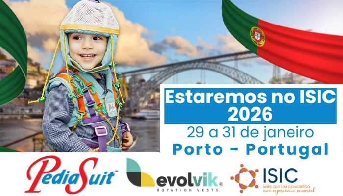 Banner do ISIC 2026 com vista de Porto e criança sorridente em traje terapêutico, destacando as datas do evento e os logotipos da PediaSuit, Evolvik Rotation Vests e ISIC.